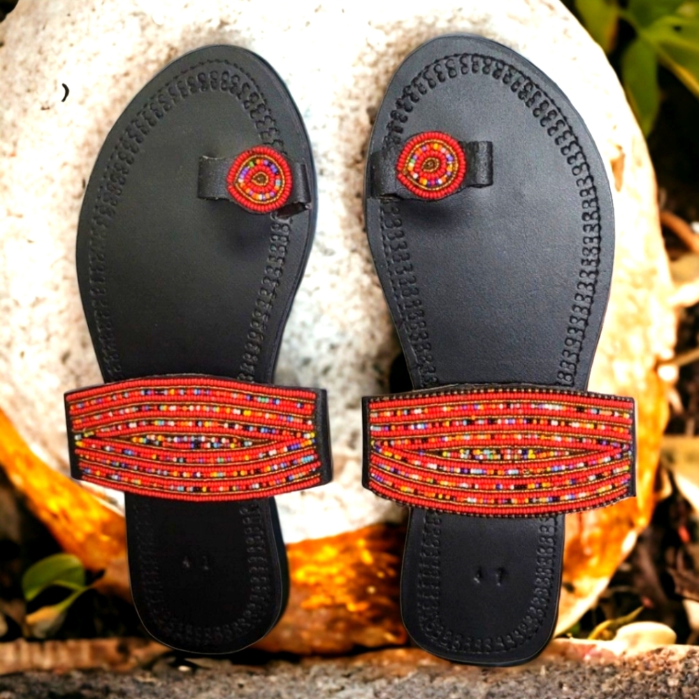 Maasai Beaded Sandals, Handmade Sandals, Red Sandals